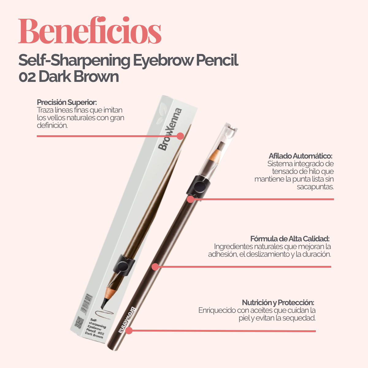 Lápiz de Cejas Auto‑afilable BrowXenna® en mano profesional, mostrando sistema de afilado automático y precisión en delineado.