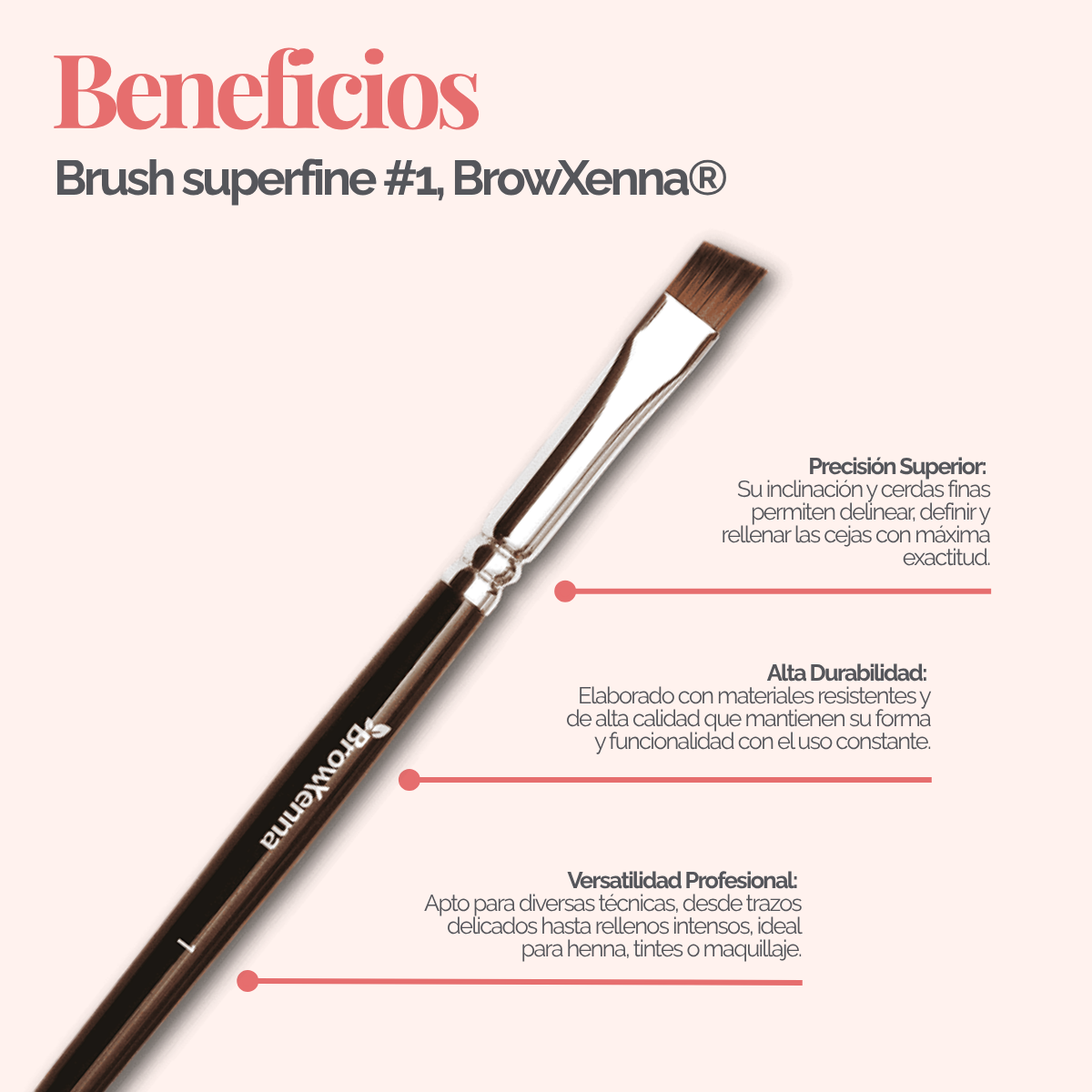 Brush superfine #1, BrowXenna® cerdas ultra finas y mango ergonómico diseñados para aplicación precisa de henna y maquillaje en cejas para técnicos de belleza exigentes.