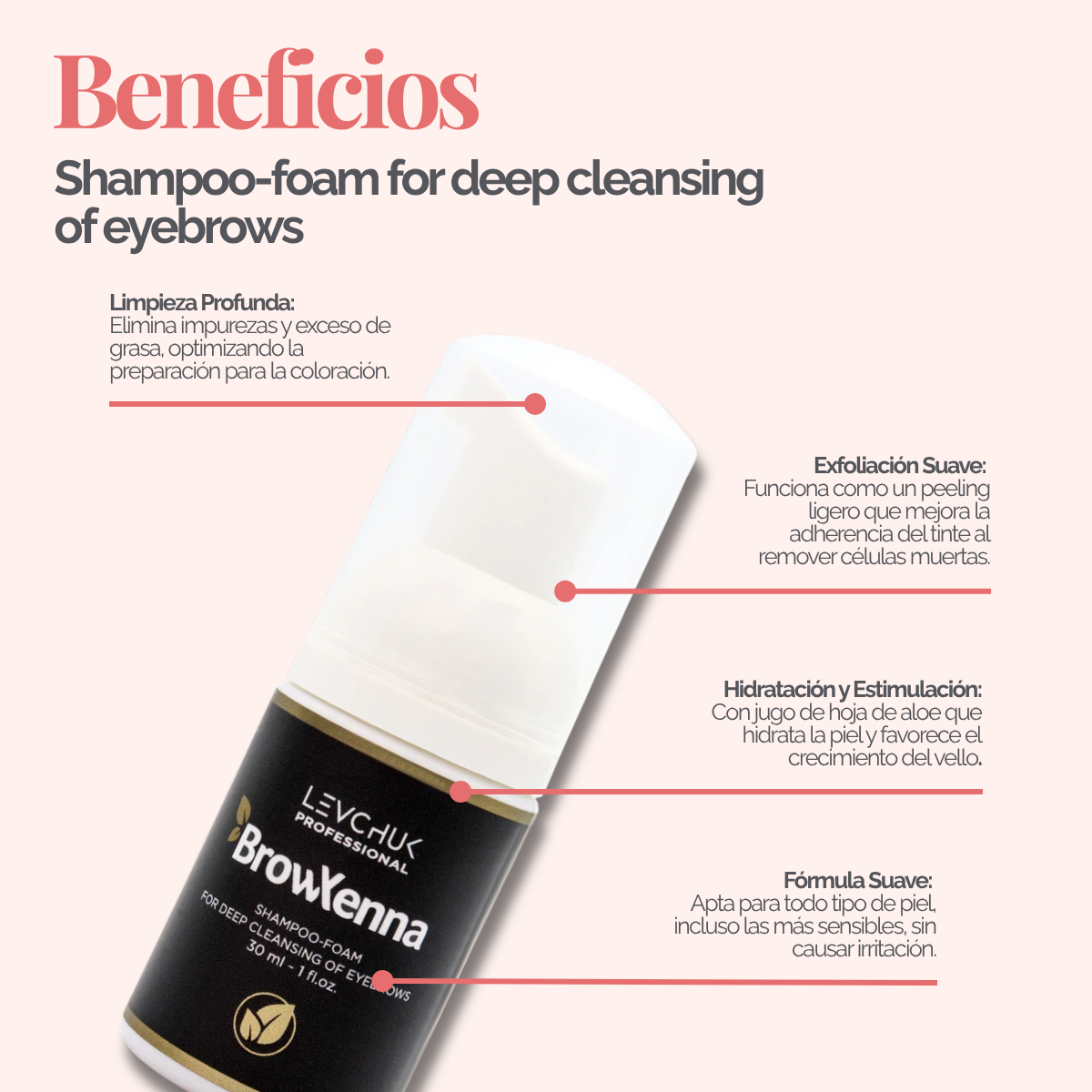 Frasco de BrowXenna Shampoo‑Foam, espuma limpiadora profunda para cejas y pestañas, ideal para pretratamiento antes de tintado y laminación.