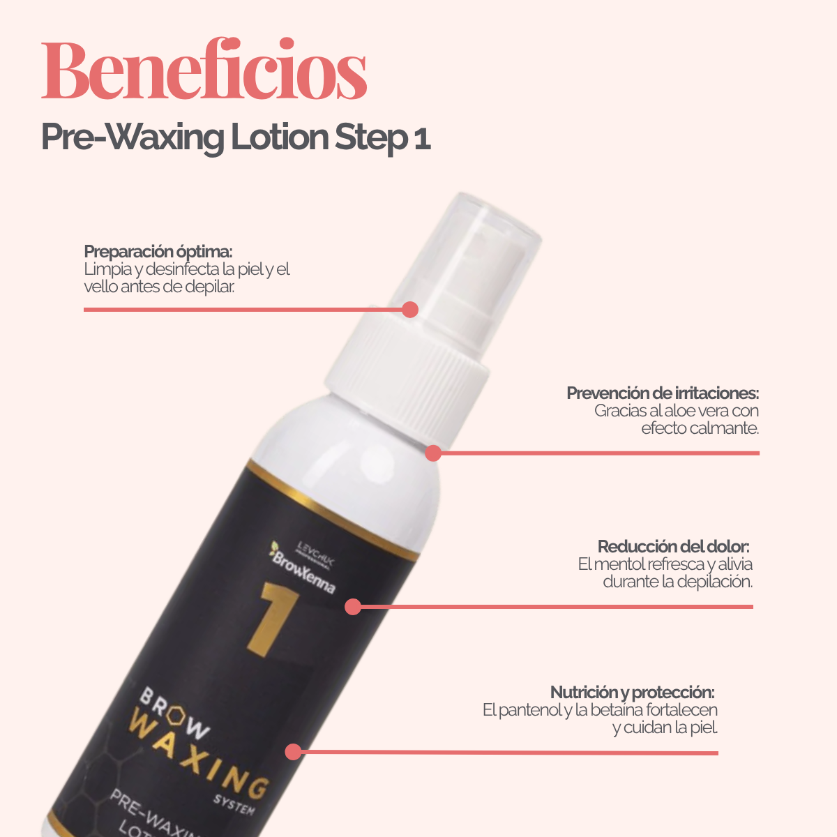 Frasco de BrowXenna Pre‑Waxing Lotion #1 (100 ml), loción preparadora profesional con aloe y mentol, idéntica al primer paso en el protocolo SPA para depilación de cejas.