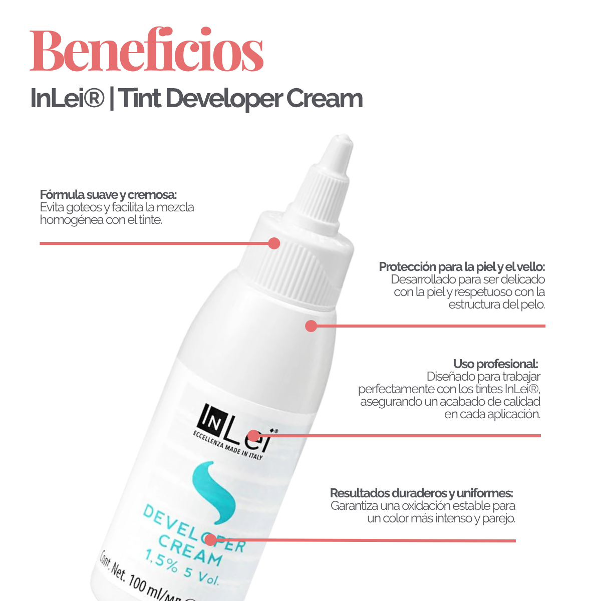 Botella de 100 ml de InLei Developer Cream 1.5 % 5 VOL, activador en crema para tintes de cejas y pestañas, hecho en Italia, envase elegante