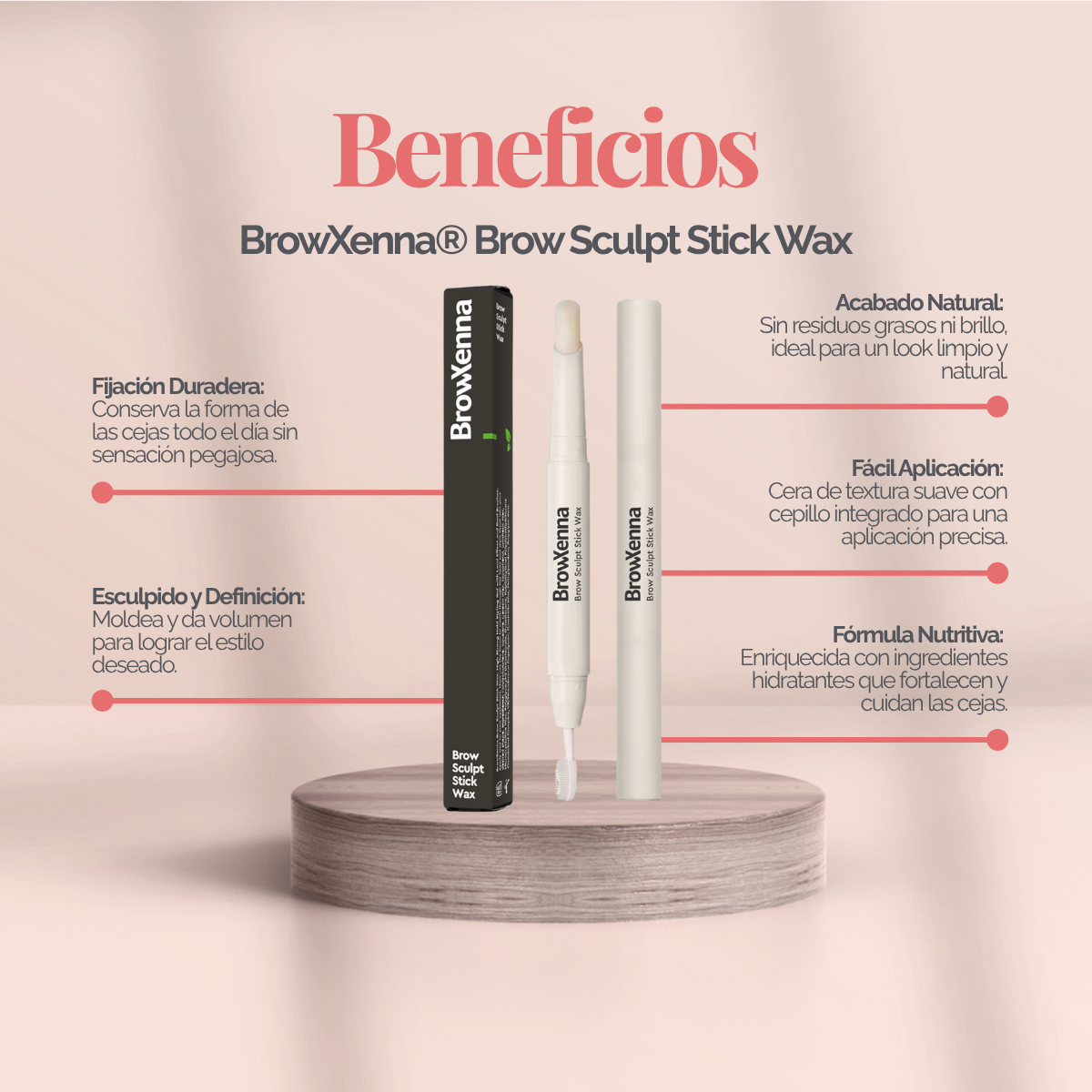 Cera Fijadora en Barra BrowXenna® con cepillo integrado aplicando fijación natural profesional en cejas
