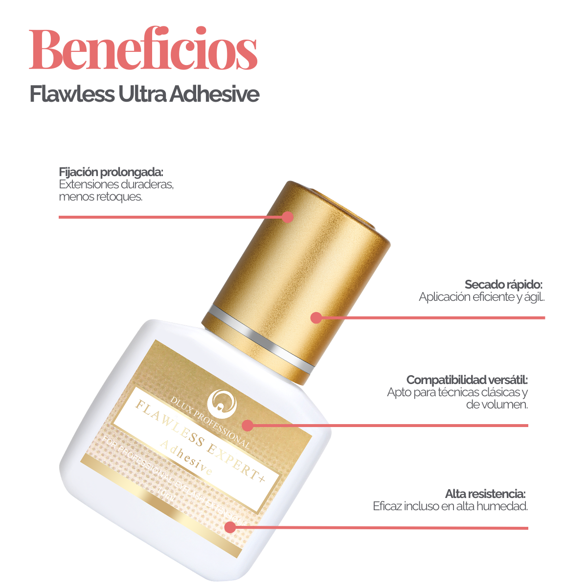 Adhesivo Flawless Ultra+ DLUX profesional secado‑rápido 1 seg retención 8‑9 semanas