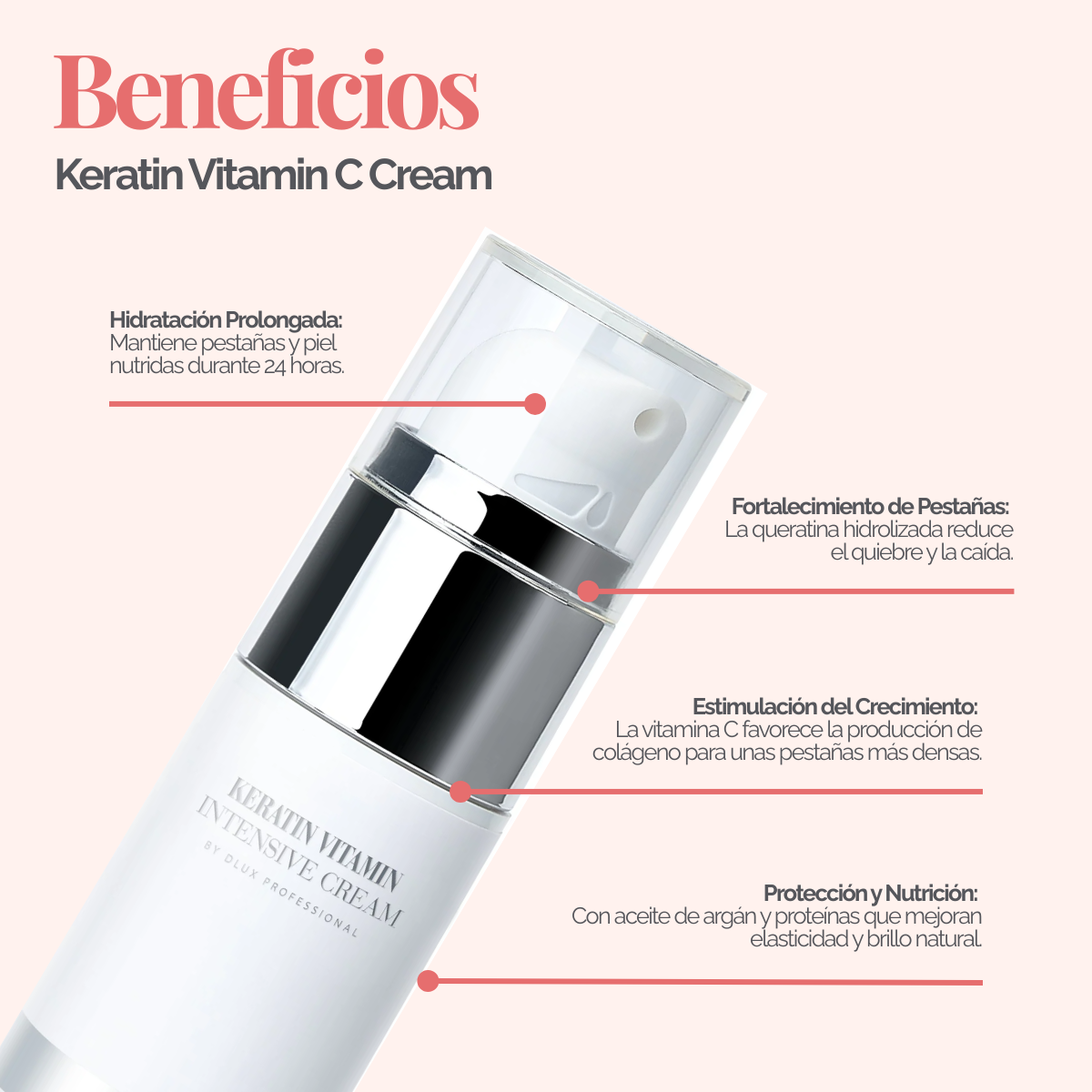 Keratin Vitamin Intensive Cream de DLUX, diseño elegante, textura cremosa ligera, ideal para cuidado post‑lifting de pestañas y cejas