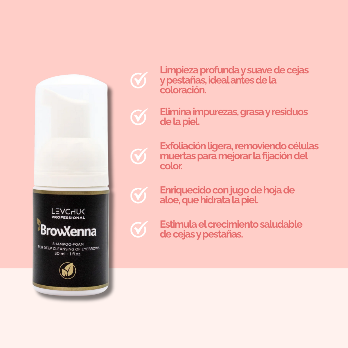 Frasco de BrowXenna Shampoo‑Foam, espuma limpiadora profunda para cejas y pestañas, ideal para pretratamiento antes de tintado y laminación.