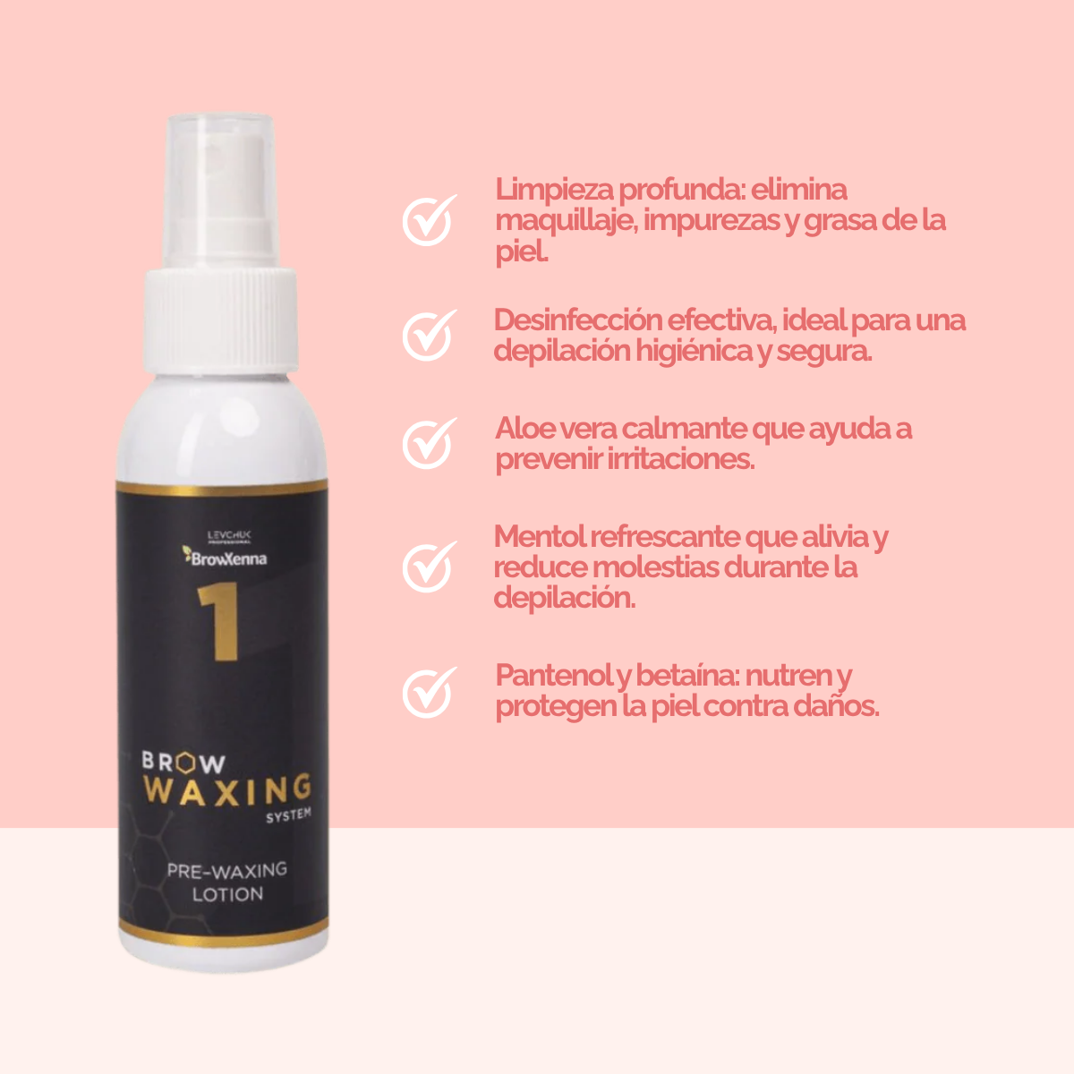 Frasco de BrowXenna Pre‑Waxing Lotion #1 (100 ml), loción preparadora profesional con aloe y mentol, idéntica al primer paso en el protocolo SPA para depilación de cejas.