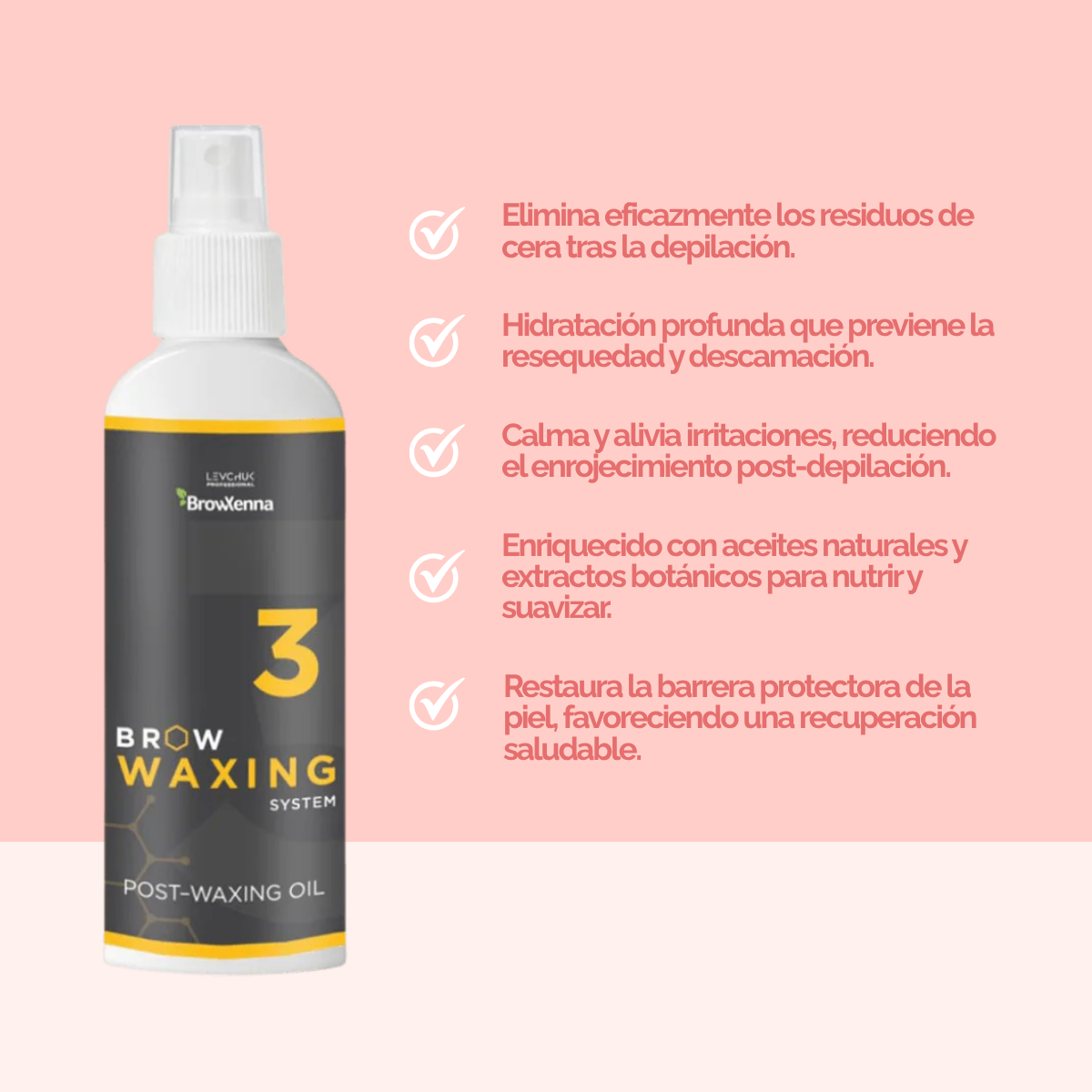 Frasco de aceite BrowXenna Post‑Waxing Oil #3 (100 ml), aceite post-depilación con lavanda, coco y mentol para hidratar, refrescar y limpiar la piel tras depilación de cejas.