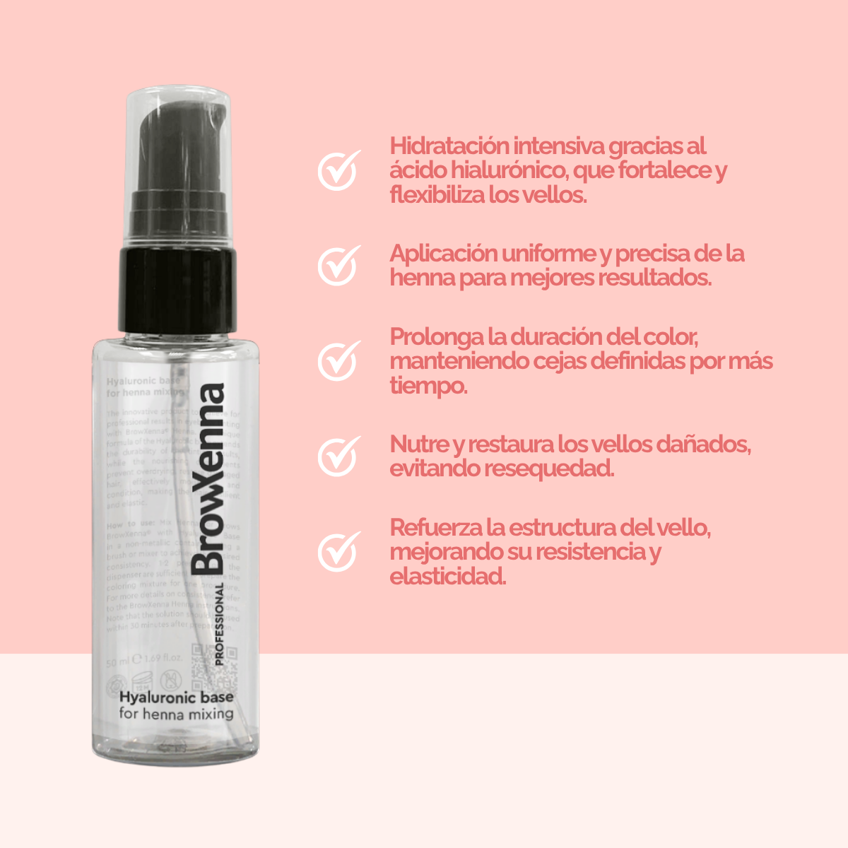 Envase de BrowXenna Hyaluronic Base 50 ml en gel, ideal para mezclar con henna profesional y lograr una aplicación uniforme, hidratante y de larga duración en tratamientos de cejas.