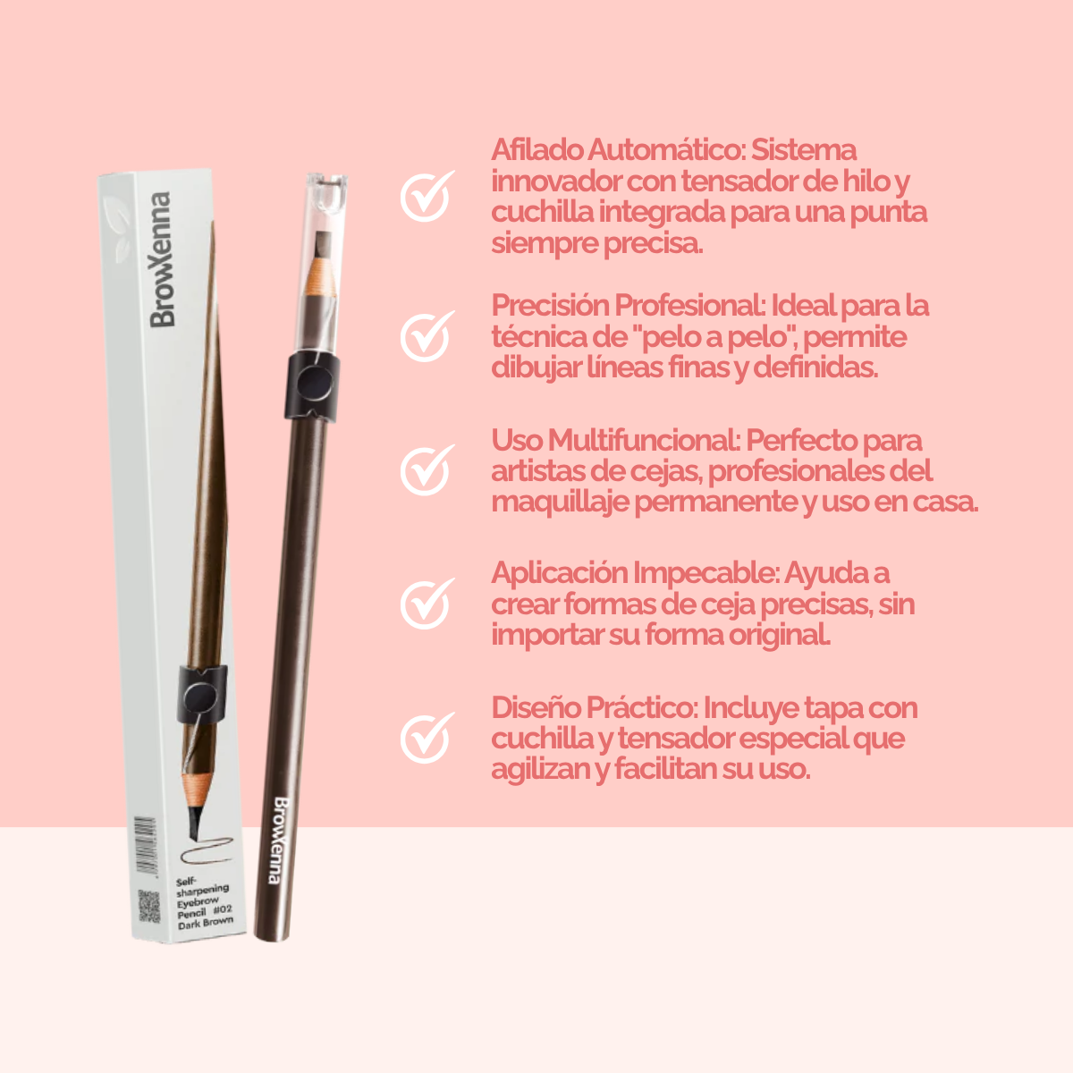 Lápiz de Cejas Auto‑afilable BrowXenna® en mano profesional, mostrando sistema de afilado automático y precisión en delineado.