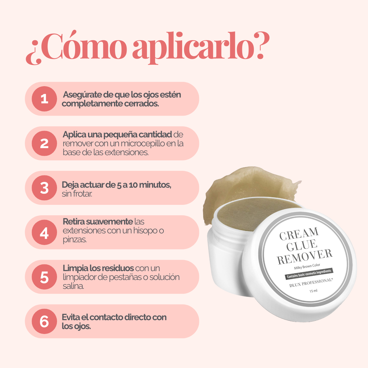 Removedor en crema DLux Pro 15 ml – disuelve adhesivo de extensiones de pestañas sin goteo y con máxima precisión profesiona