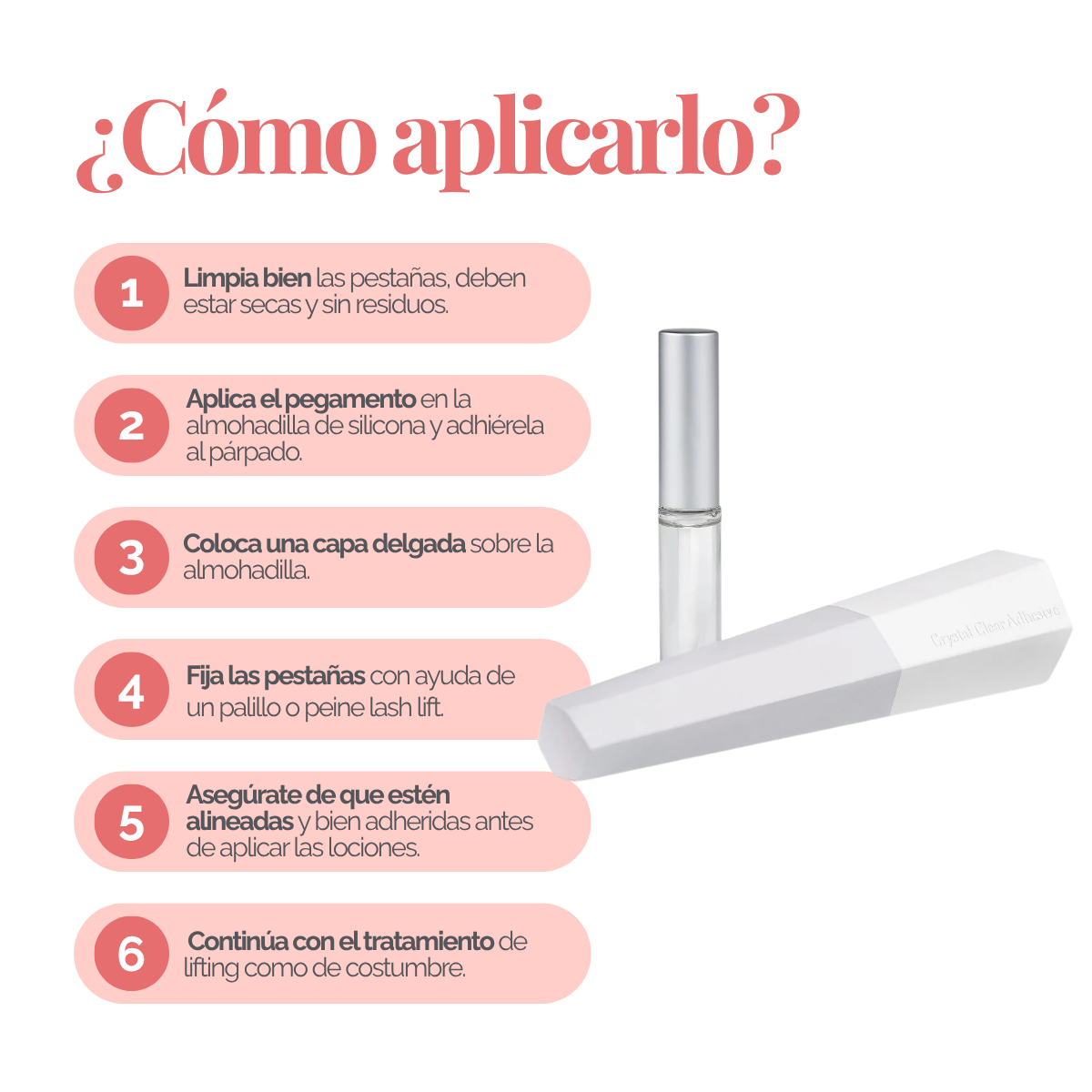 Adhesivo transparente Crystal de 5 ml para lifting de pestañas y laminación de cejas; no gotea, secado rápido, fijación precisa sobre pads de silicona, uso profesional DLUX.