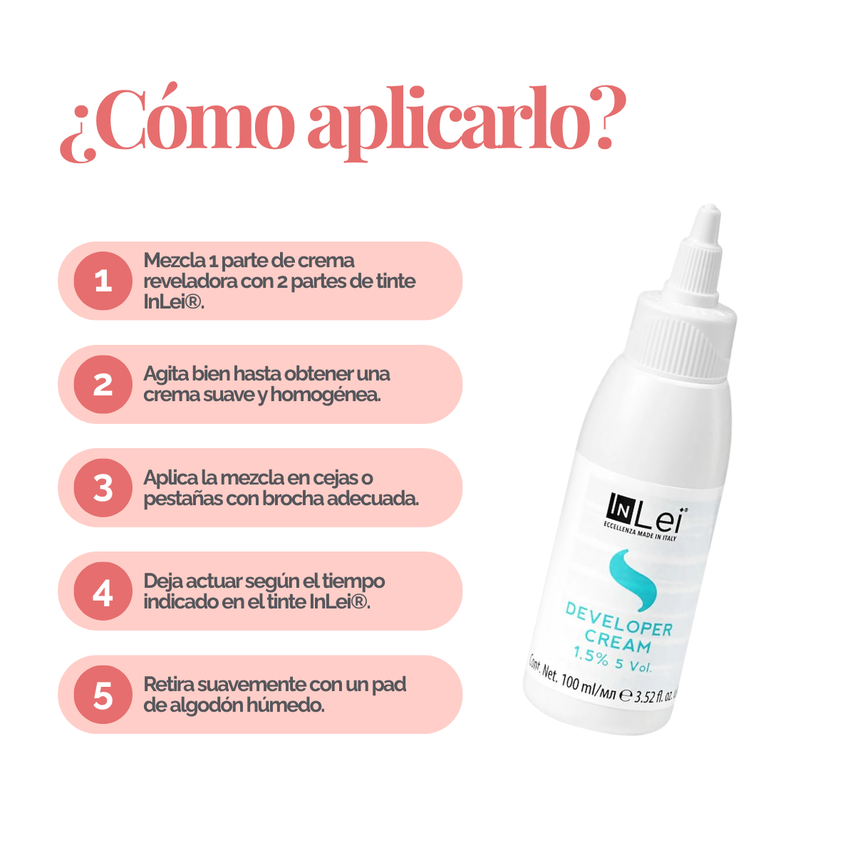 Botella de 100 ml de InLei Developer Cream 1.5 % 5 VOL, activador en crema para tintes de cejas y pestañas, hecho en Italia, envase elegante