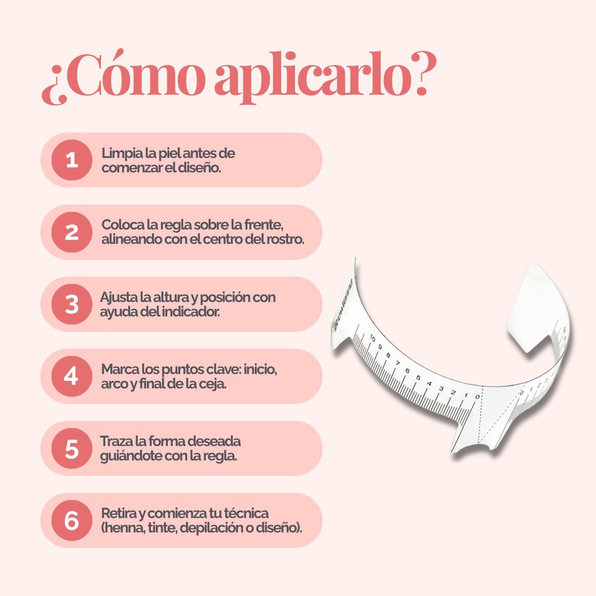 Regla para cejas con indicador, flexible y transparente, doble escala centrada para simetría profesional en diseño de cejas.