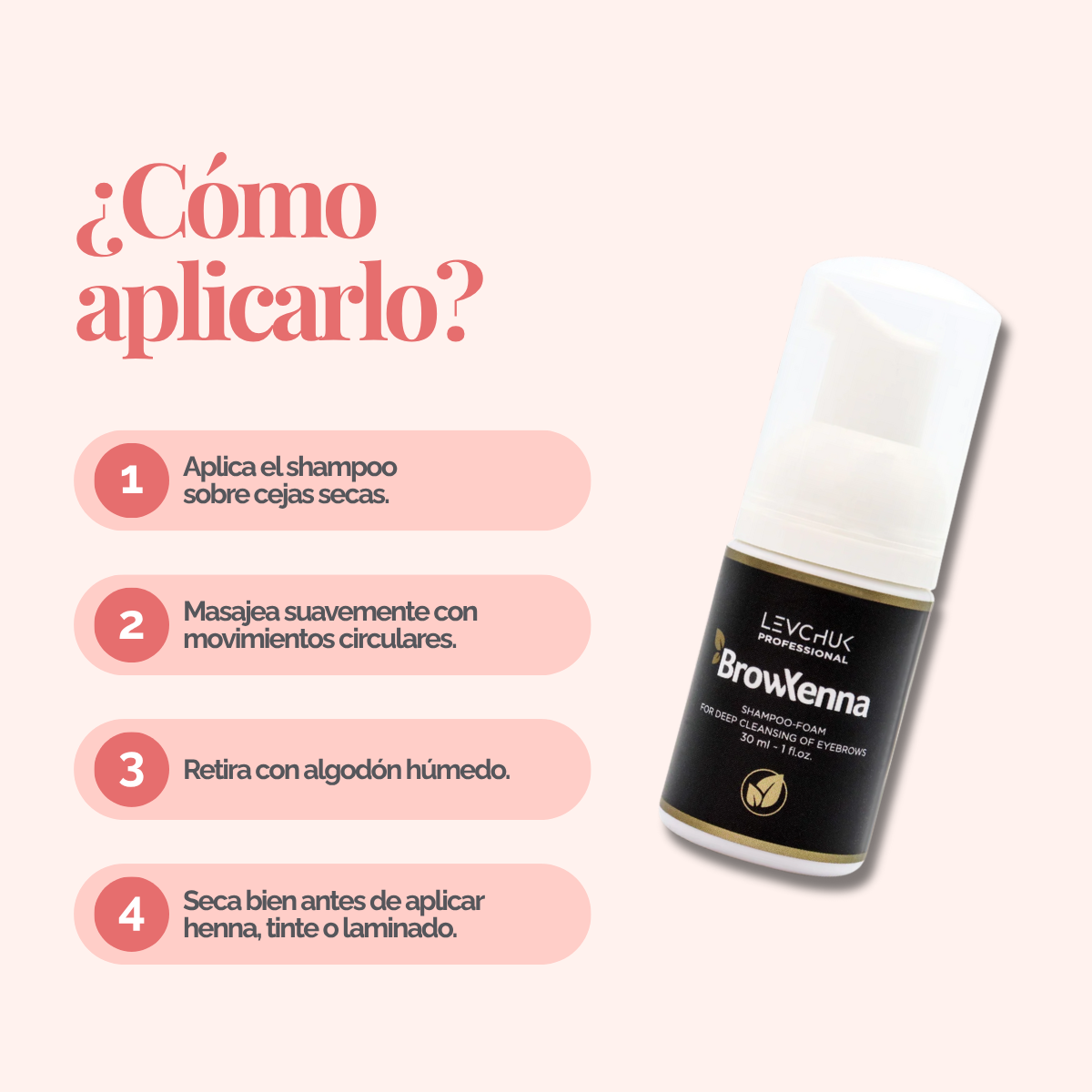 Frasco de BrowXenna Shampoo‑Foam, espuma limpiadora profunda para cejas y pestañas, ideal para pretratamiento antes de tintado y laminación.
