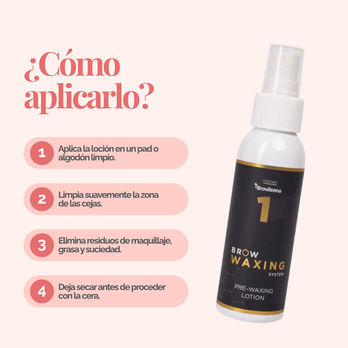 Frasco de BrowXenna Pre‑Waxing Lotion #1 (100 ml), loción preparadora profesional con aloe y mentol, idéntica al primer paso en el protocolo SPA para depilación de cejas.