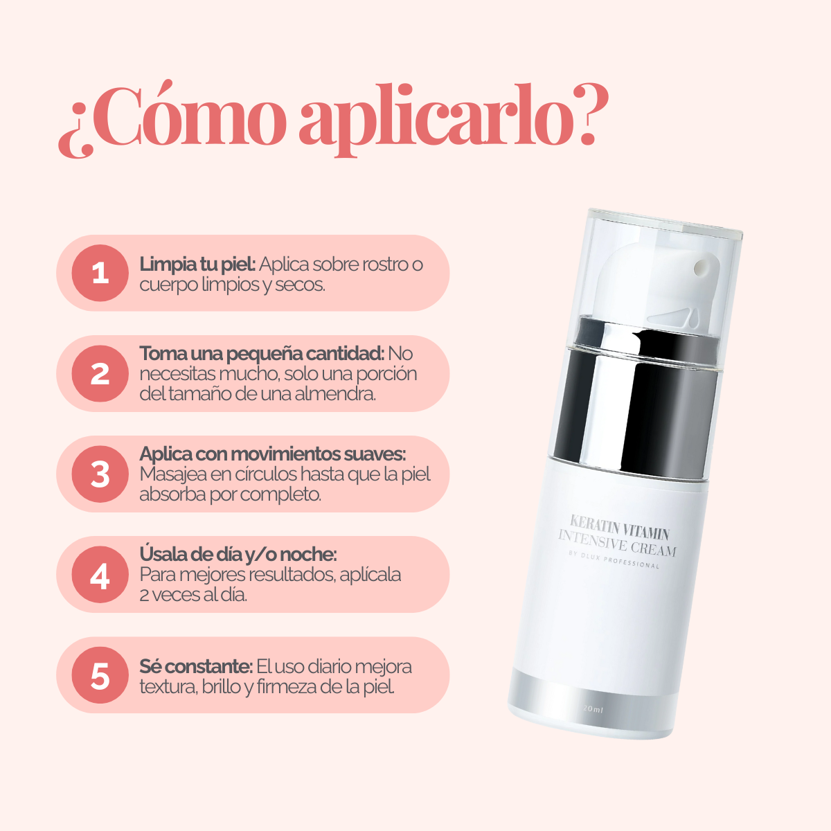 Keratin Vitamin Intensive Cream de DLUX, diseño elegante, textura cremosa ligera, ideal para cuidado post‑lifting de pestañas y cejas