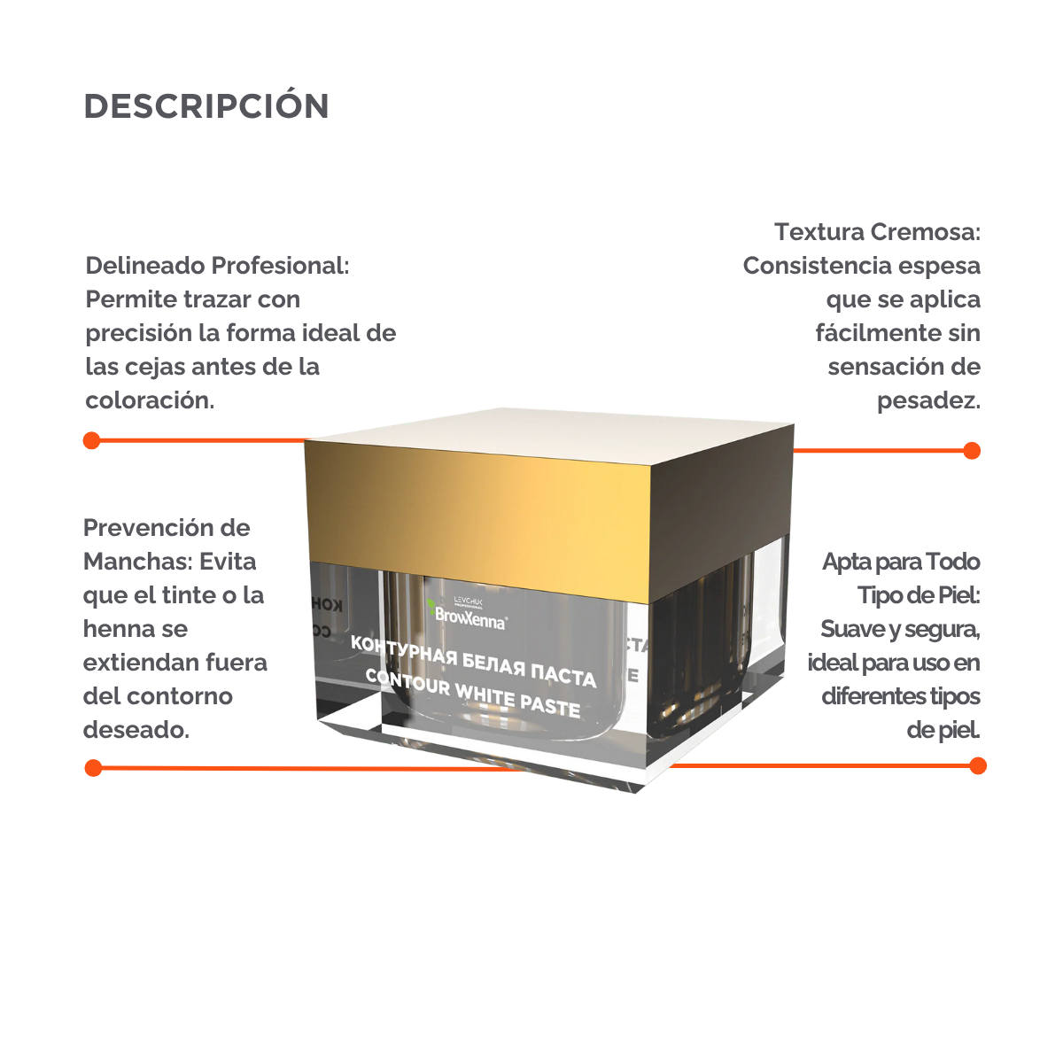 Envase de pasta blanca BrowXenna Contour White Paste 10 g, pasta cremosa para definir contornos de cejas y lograr simetría y precisión en tratamientos profesionales de coloración y laminación