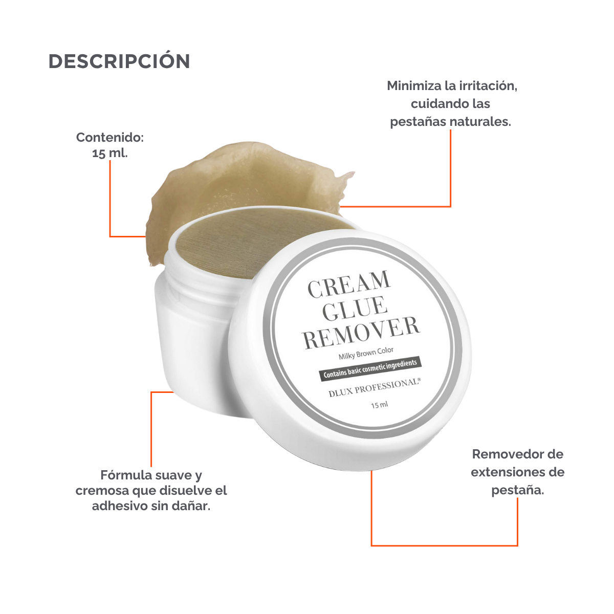 Removedor en crema DLux Pro 15 ml – disuelve adhesivo de extensiones de pestañas sin goteo y con máxima precisión profesiona