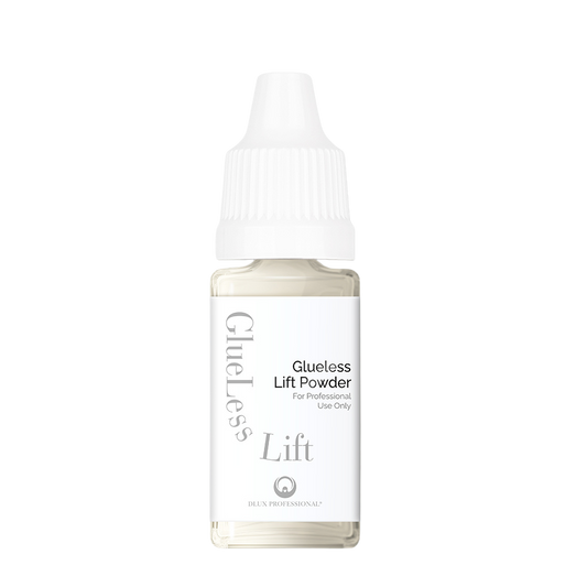 Glueless Lift Powder de Dlux Pro: polvo innovador para lifting de pestañas sin adhesivo. Mejora la aplicación con una fórmula única que facilita la separación y fijación de las pestañas, reduciendo el tiempo de proceso y brindando resultados uniformes y seguros