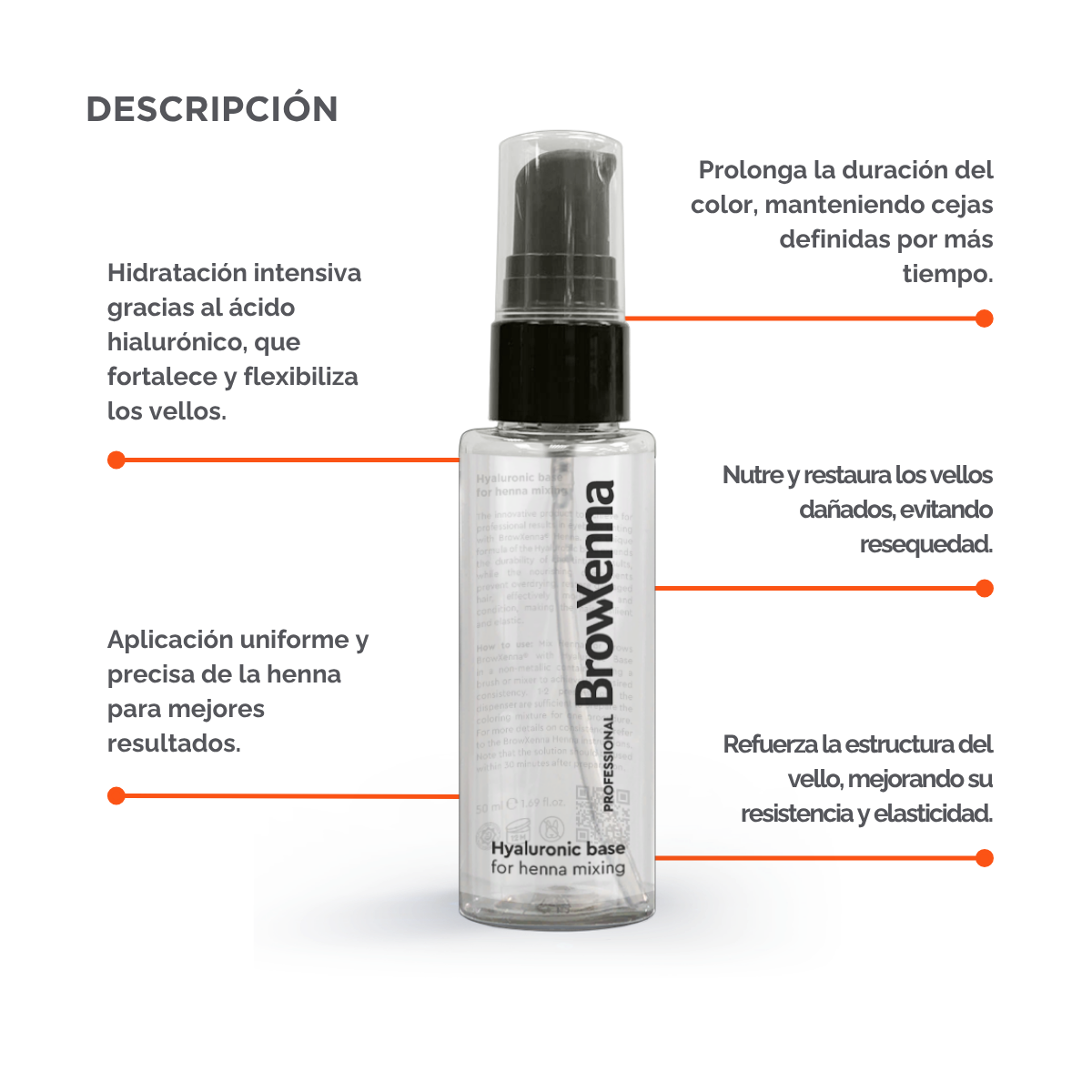 Envase de BrowXenna Hyaluronic Base 50 ml en gel, ideal para mezclar con henna profesional y lograr una aplicación uniforme, hidratante y de larga duración en tratamientos de cejas.