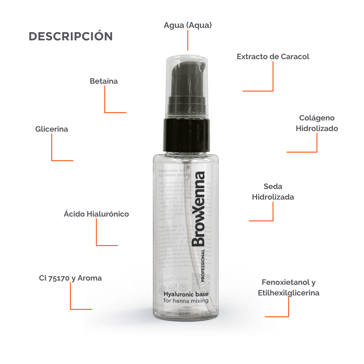 Envase de BrowXenna Hyaluronic Base 50 ml en gel, ideal para mezclar con henna profesional y lograr una aplicación uniforme, hidratante y de larga duración en tratamientos de cejas.