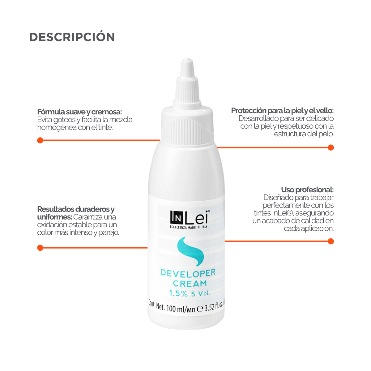 Botella de 100 ml de InLei Developer Cream 1.5 % 5 VOL, activador en crema para tintes de cejas y pestañas, hecho en Italia, envase elegante