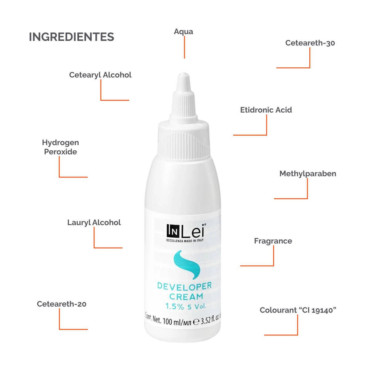 Botella de 100 ml de InLei Developer Cream 1.5 % 5 VOL, activador en crema para tintes de cejas y pestañas, hecho en Italia, envase elegante