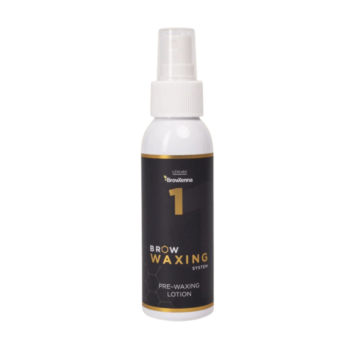 Frasco de BrowXenna Pre‑Waxing Lotion #1 (100 ml), loción preparadora profesional con aloe y mentol, idéntica al primer paso en el protocolo SPA para depilación de cejas.