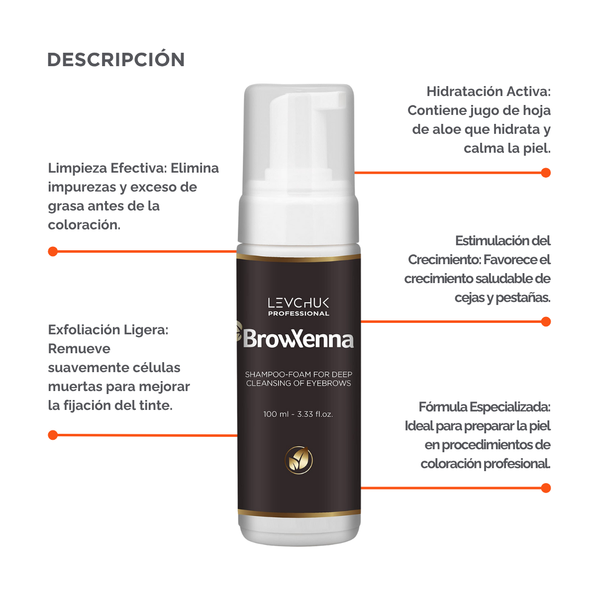 Frasco de BrowXenna Shampoo‑Foam, espuma limpiadora profunda para cejas y pestañas, ideal para pretratamiento antes de tintado y laminación.