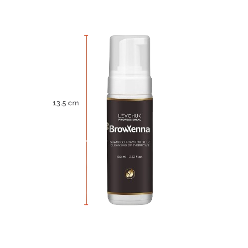 Frasco de 100 ml de BrowXenna Shampoo‑Foam, espuma limpiadora profunda para cejas y pestañas, ideal para pretratamiento antes de tintado y laminación.