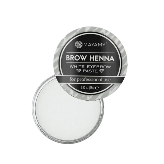 Mayamy White Eyebrow Paste, pasta blanca profesional para diseño de cejas. Ayuda a definir el contorno y protege la piel durante la aplicación de henna o tinte. Fórmula suave y cremosa, ideal para profesionales de belleza y uso en casa