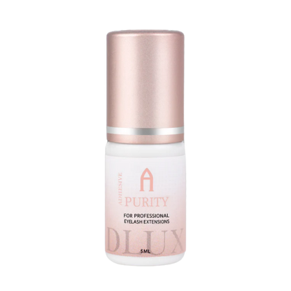 Adhesivo de extensiones de pestañas Purity Alpha Dlux Professional; envase negro de 3 ml/5 ml; destaca por secado ultra rápido, alta retención y fórmula profesional perfecta para volumen y mega volumen