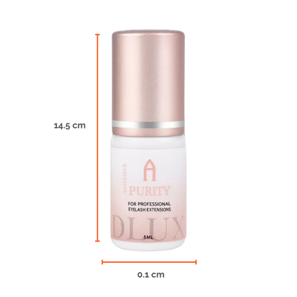 Adhesivo de extensiones de pestañas Purity Alpha Dlux Professional; envase negro de 3 ml/5 ml; destaca por secado ultra rápido, alta retención y fórmula profesional perfecta para volumen y mega volumen