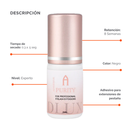 Adhesivo de extensiones de pestañas Purity Alpha Dlux Professional; envase negro de 3 ml/5 ml; destaca por secado ultra rápido, alta retención y fórmula profesional perfecta para volumen y mega volumen