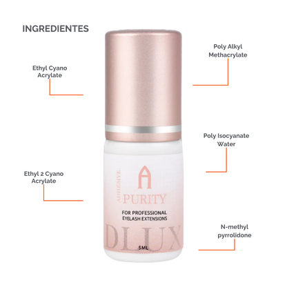 Adhesivo de extensiones de pestañas Purity Alpha Dlux Professional; envase negro de 3 ml/5 ml; destaca por secado ultra rápido, alta retención y fórmula profesional perfecta para volumen y mega volumen