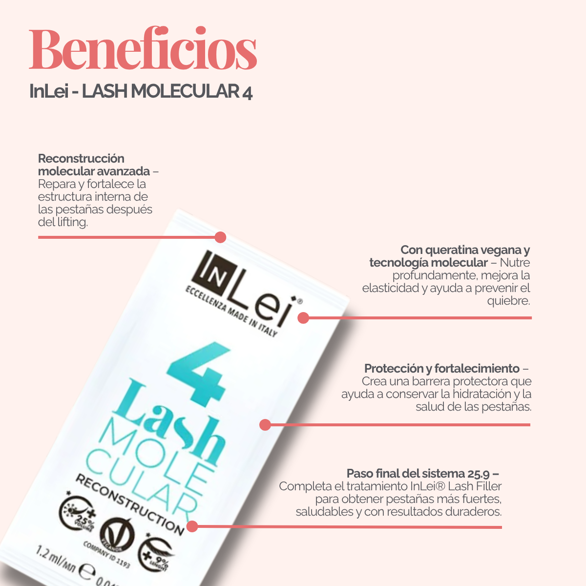 InLei Lash Molecular 4 Paso 4 Lash Filler 25.9 en presentación profesional de 9 sachets de 1.2 ml para reconstrucción molecular de pestañas y cejas, formulado con proteínas vegetales, quinoa y derivado de ácido hialurónico para aportar hidratación, fuerza, flexibilidad y brillo.