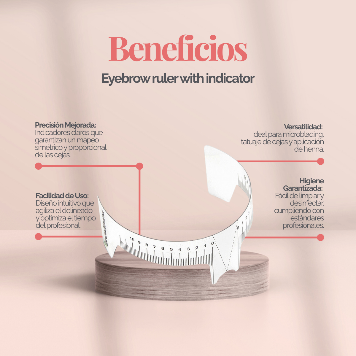Regla para cejas con indicador, flexible y transparente, doble escala centrada para simetría profesional en diseño de cejas.