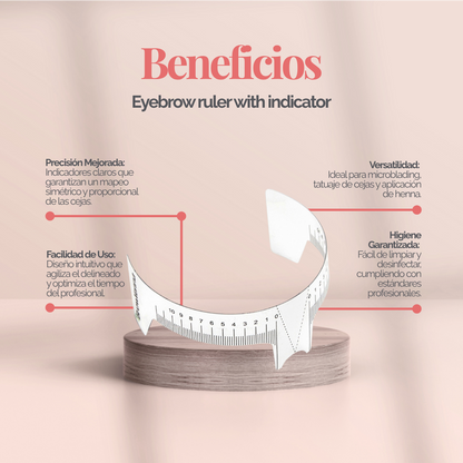 Regla para cejas con indicador, flexible y transparente, doble escala centrada para simetría profesional en diseño de cejas.