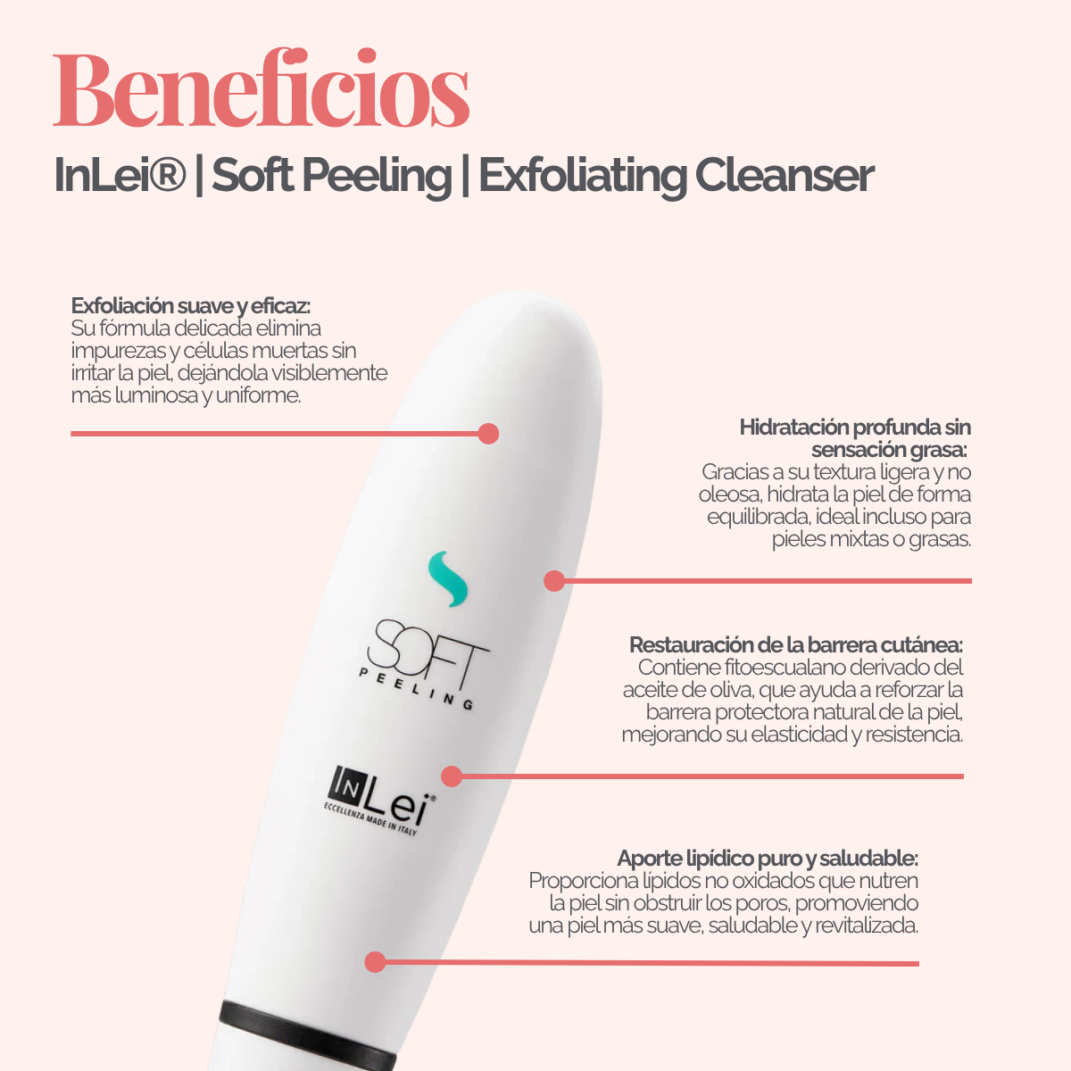 Envase de 100 ml de InLei Soft Peeling, exfoliante suave para cejas, rostro y escote, textura ligera no grasa, presentación profesional de estética