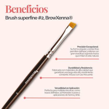 Brush superfine #2, BrowXenna® cerdas ultra finas y mango ergonómico diseñados para aplicación precisa de henna y maquillaje en cejas para técnicos de belleza exigentes.