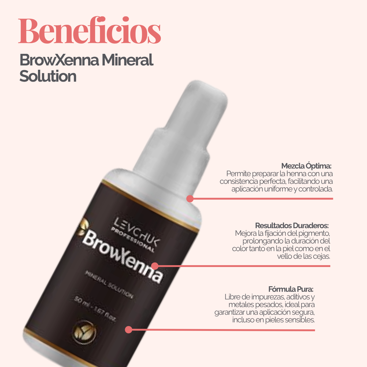 Mineral solution for henna mixing 50 ml, BrowXenna
activador profesional y puro, formulado para mezclar con henna de cejas, que potencia la pigmentación y duración sin impurezas.
