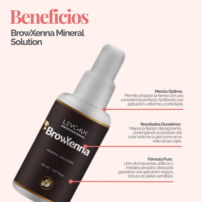 Mineral solution for henna mixing 50 ml, BrowXenna
activador profesional y puro, formulado para mezclar con henna de cejas, que potencia la pigmentación y duración sin impurezas.