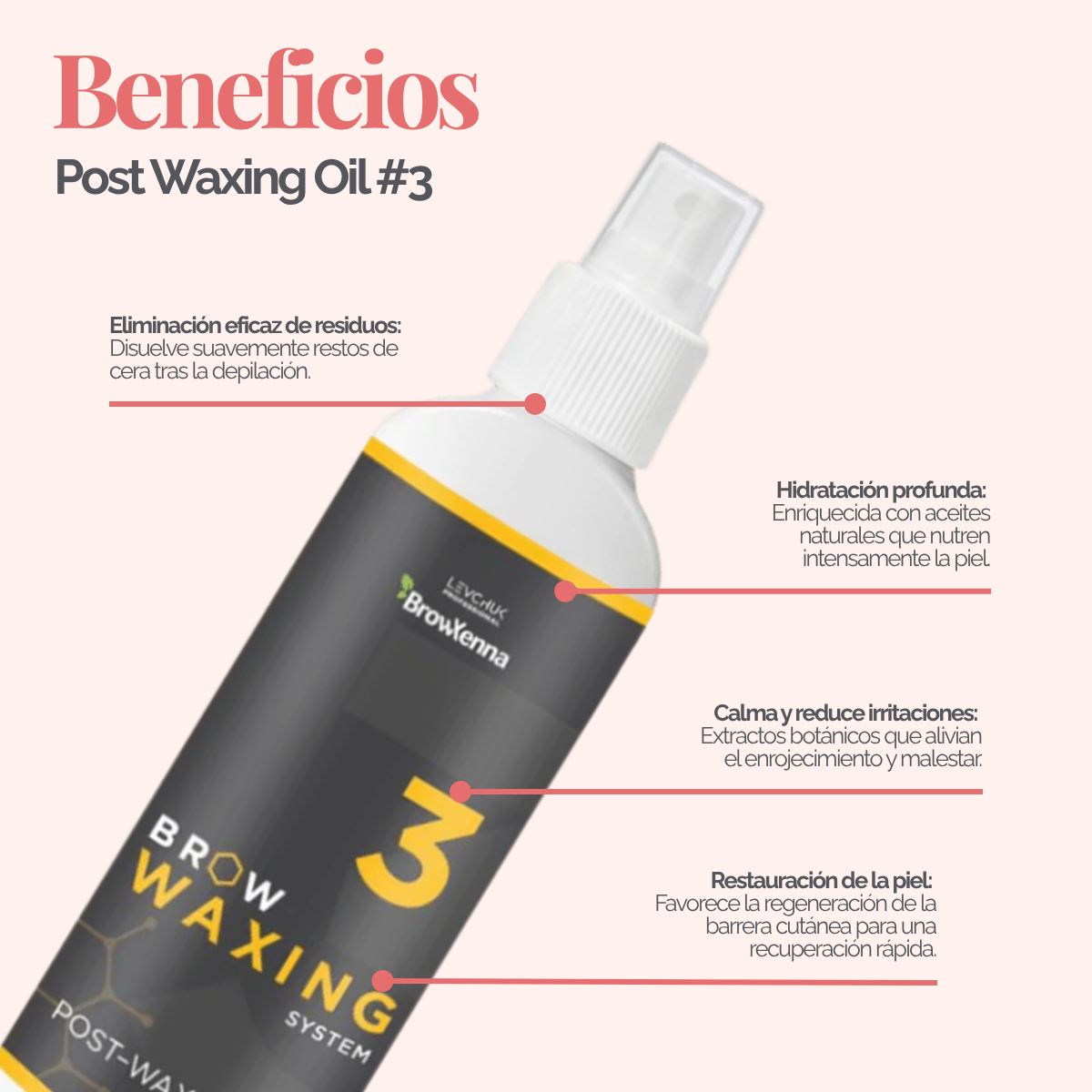Frasco de aceite BrowXenna Post‑Waxing Oil #3 (100 ml), aceite post-depilación con lavanda, coco y mentol para hidratar, refrescar y limpiar la piel tras depilación de cejas.