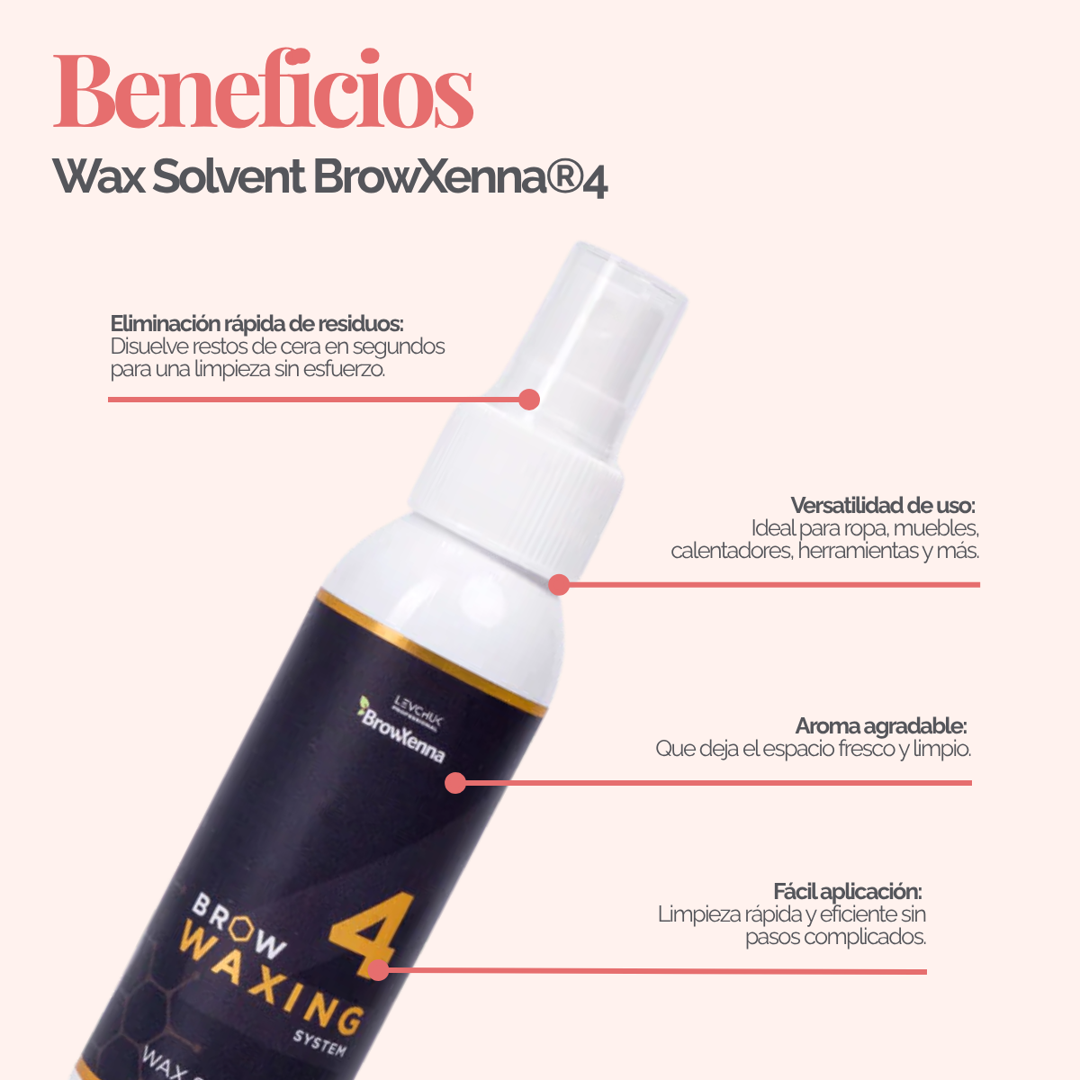 Frasco de 100 ml de solvente BrowXenna Wax Solvent #4, solución rápida para eliminar residuos de cera sólida tras la depilación, ideal para acabados impecables en estudios profesionales.