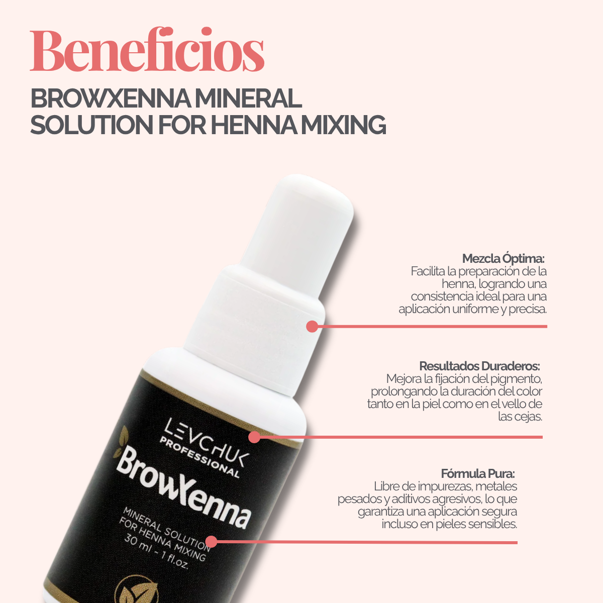 Mineral solution for henna mixing 30 ml, BrowXenna
activador profesional y puro, formulado para mezclar con henna de cejas, que potencia la pigmentación y duración sin impurezas.