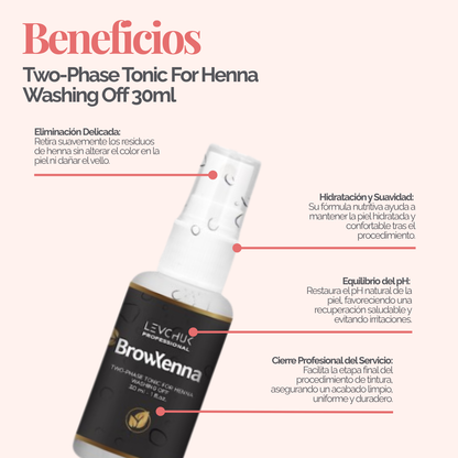 Two Phase Tonic BrowXenna 30 ml-solución bifásica profesional para eliminar henna y tintes de cejas de forma efectiva, suave e hidratante, ideal para preparaciones y correcciones en cabina.