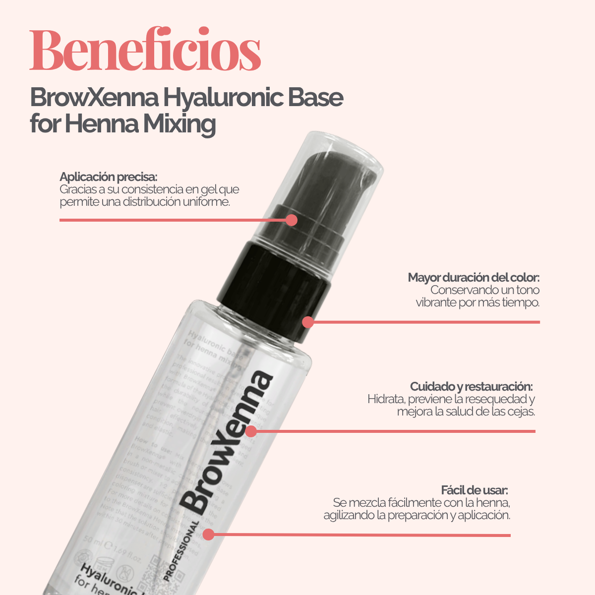 Envase de BrowXenna Hyaluronic Base 50 ml en gel, ideal para mezclar con henna profesional y lograr una aplicación uniforme, hidratante y de larga duración en tratamientos de cejas.