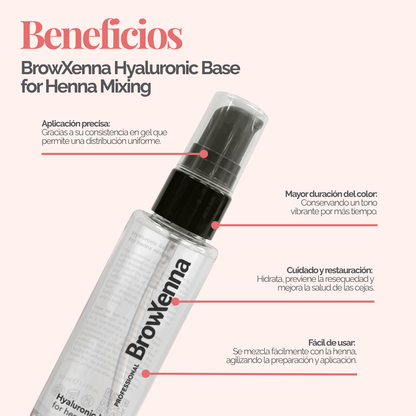 Envase de BrowXenna Hyaluronic Base 50 ml en gel, ideal para mezclar con henna profesional y lograr una aplicación uniforme, hidratante y de larga duración en tratamientos de cejas.