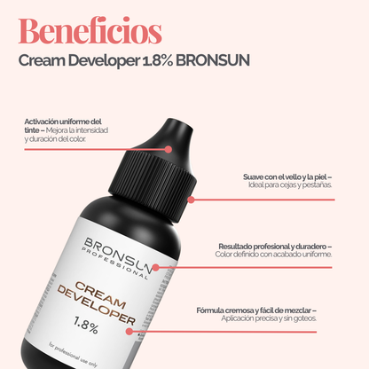Cream Developer 1.8% profesional para tinte de cejas y pestañas, oxidante cremoso premium diseñado para brow artists y lash technicians. Fórmula de textura uniforme ideal para mezclar con tintes profesionales y lograr aplicaciones precisas, resultados homogéneos y servicios de belleza de alta gama.