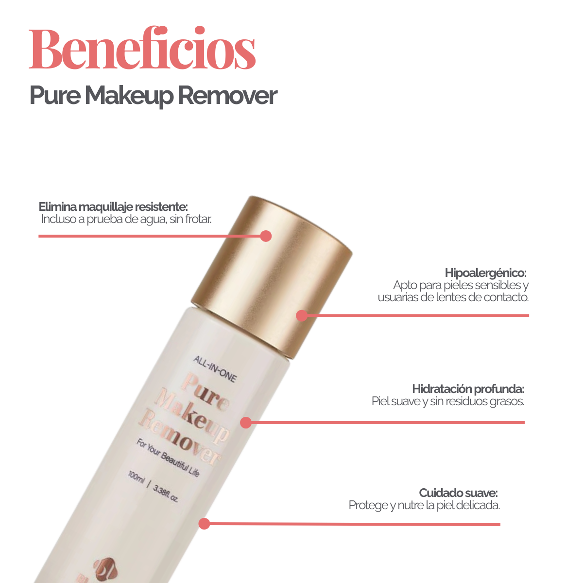 Botella de 100 ml de Pure Clear Lip & Eye Makeup Remover BL Lashes, envase transparente con etiqueta, sobre fondo blanco, concepto desmaquillante oil‑free seguro para extensiones